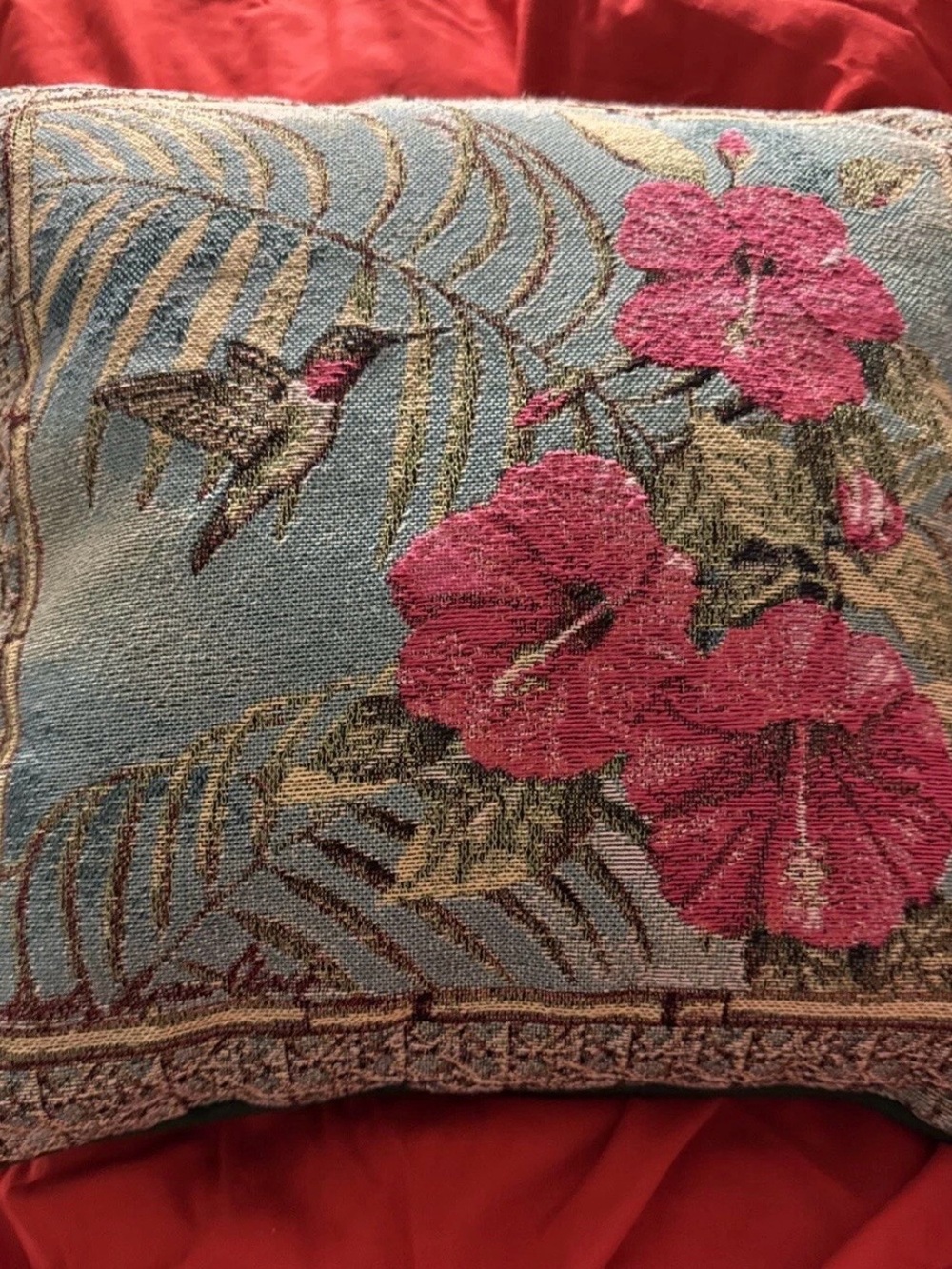 Tropical Blue Accent Pillow with Pink Hibiscus & Hummingbird